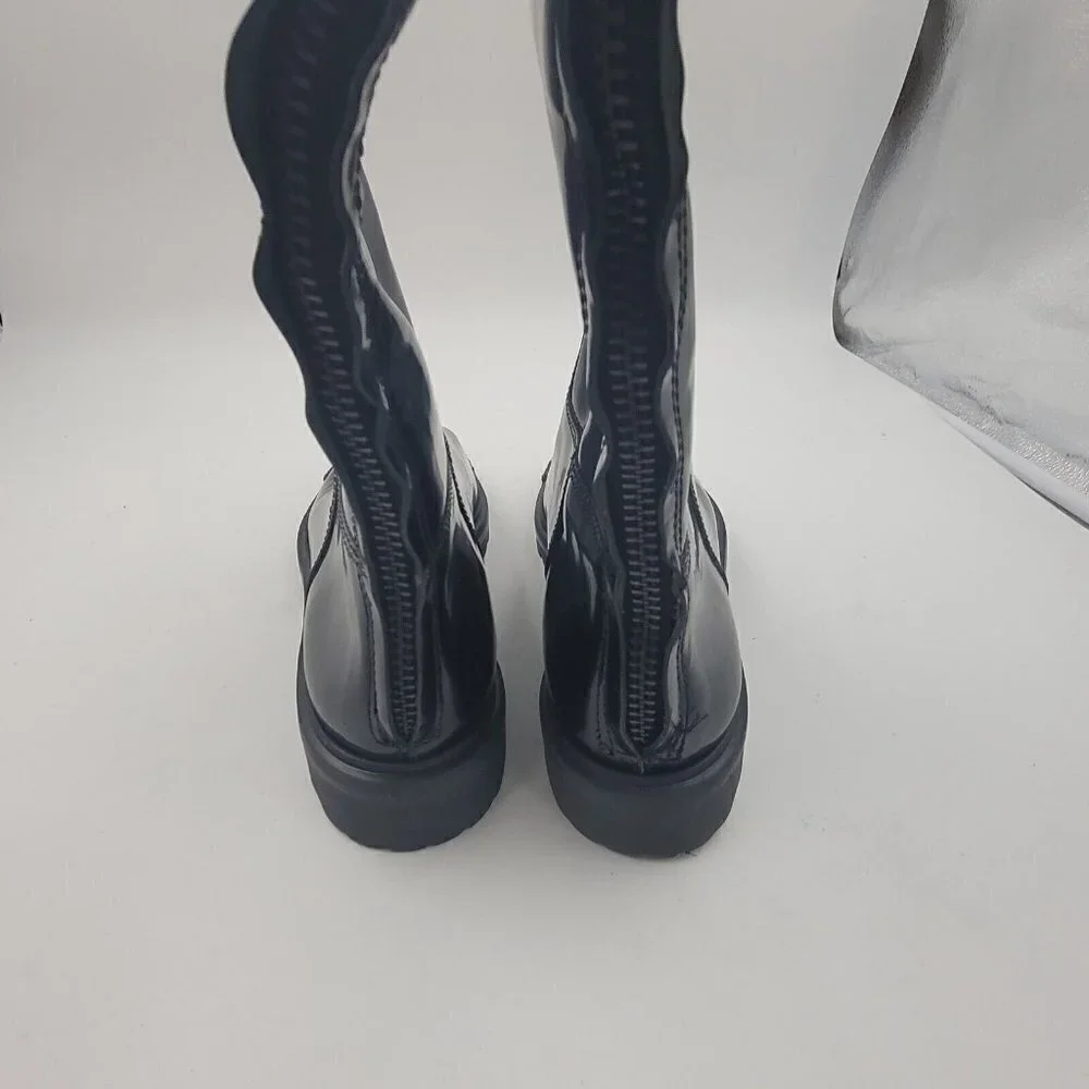 NEW Schutz Cianna Embellished Toe Black Polished Leather Riding Boots Size 6.5B